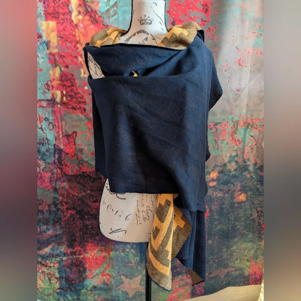 Issey Miyake Pleats Please Navy & Orange Geometric Print Shawl/Wrap/Scarf